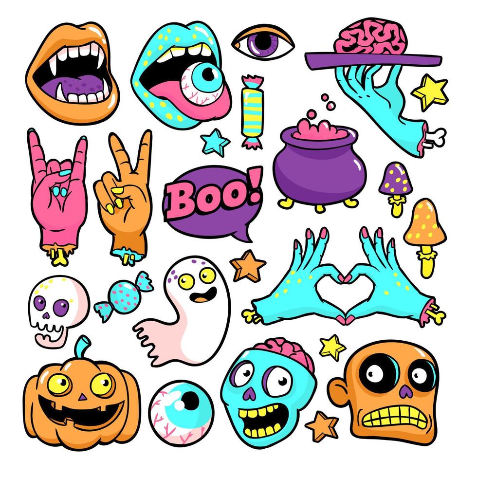 halloween reeks van patches in tekenfilm grappig stijl. vector