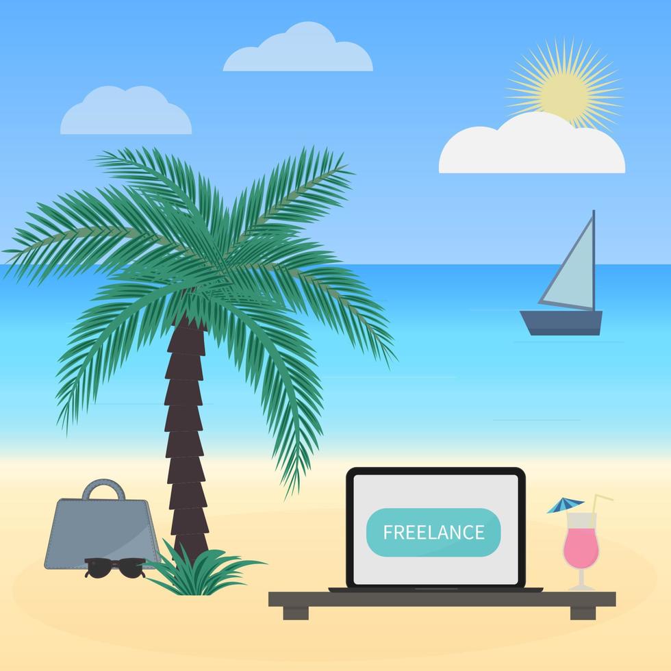 freelance werk vector illustratie in vlak stijl. laptop en glas van cocktail onder palm boom Aan tropisch strand. ver weg baan concept.