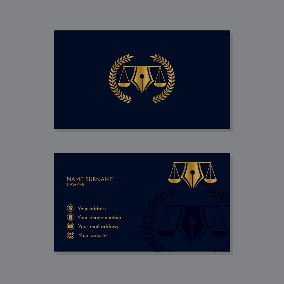 marine blauw advocaat bedrijf kaart met goud logo vector