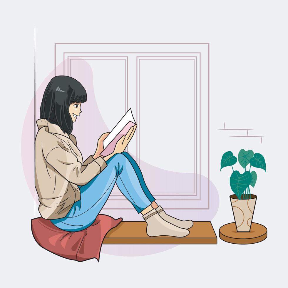 hygge levensstijl illustratie. ontspannende lezing een boek Bij de venster van de huis vector illustratie pro downloaden