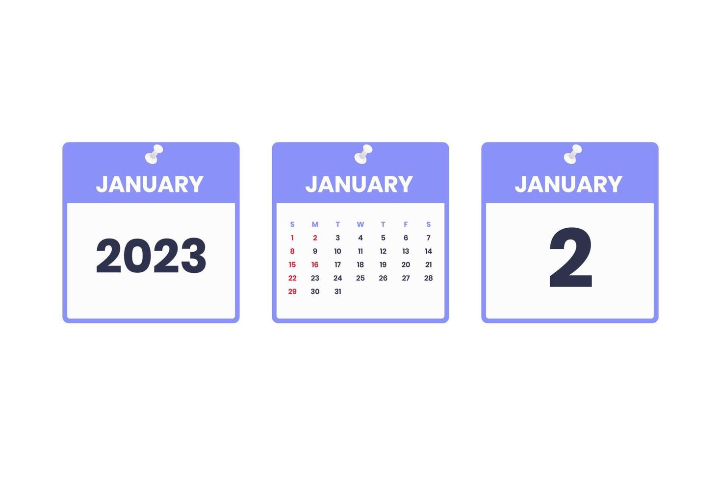 januari kalender ontwerp. januari 2 2023 kalender icoon voor schema, afspraak, belangrijk datum concept vector