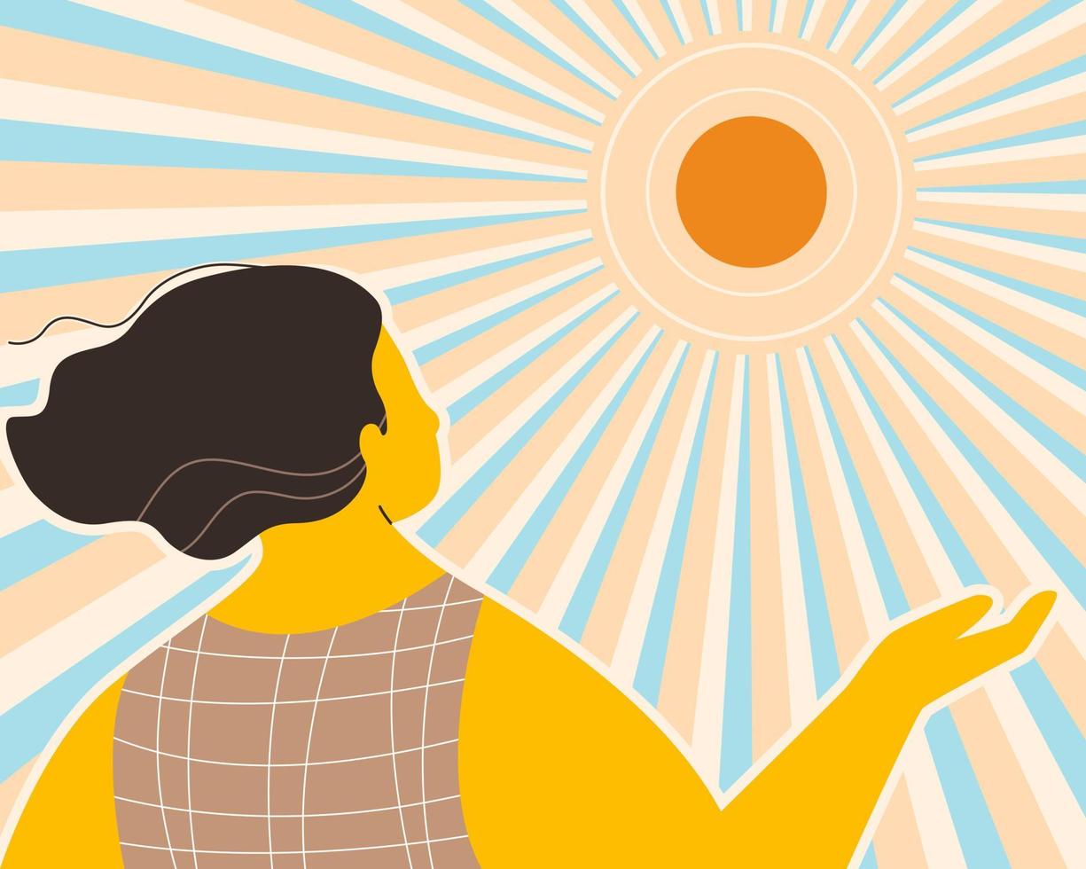 een bruinen huid vrouw onder de zonneschijn voor krijgen meer vitamine d van de zon licht, gezond levensstijl concept. vlak vector illustratie.
