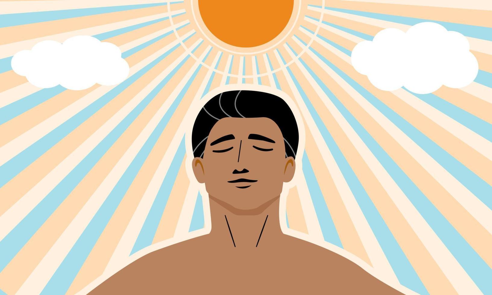 een bruinen huid Mens onder de zonneschijn voor krijgen meer vitamine d van de zon licht, gezond levensstijl concept. vlak vector illustratie.