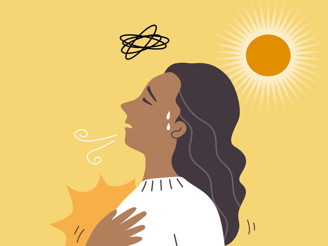 een vrouw staand onder zon licht Aan heet weer en hebben hoofdpijn, ademloos, duizelig en borst pijn. zonnesteek concept. vlak vector illustratie.