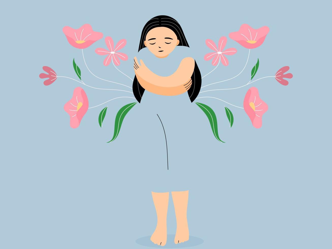 de meisje staand en knuffelen haar zelf met vrede van geest en kalmte Aan bloem achtergrond, mentaal Gezondheid en emotioneel zelf zorg concept, vlak vector illustratie.