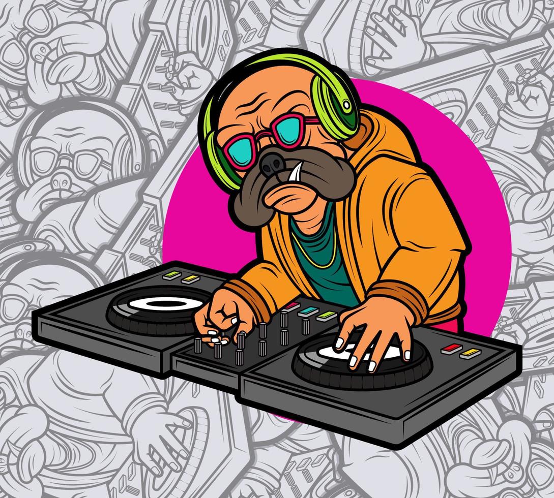 schattig mopshond hond spelen elektronisch muziek- dj met hoofdtelefoons illustratie vector