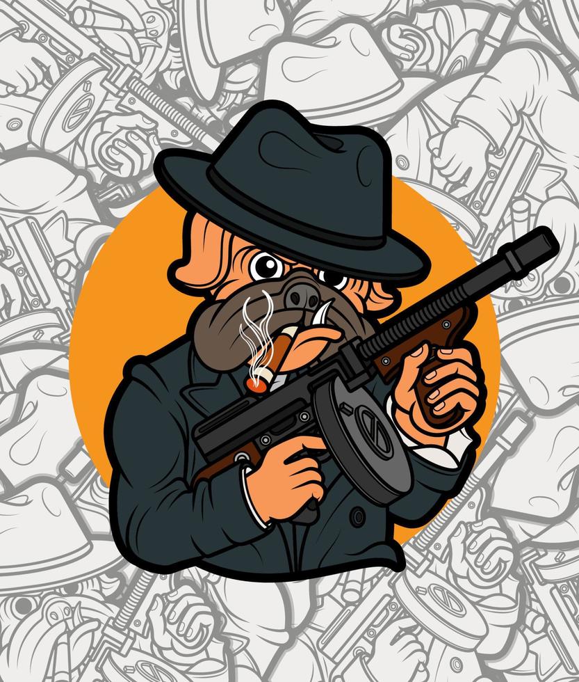 schattig mopshond hond gangster met geweer illustratie vector