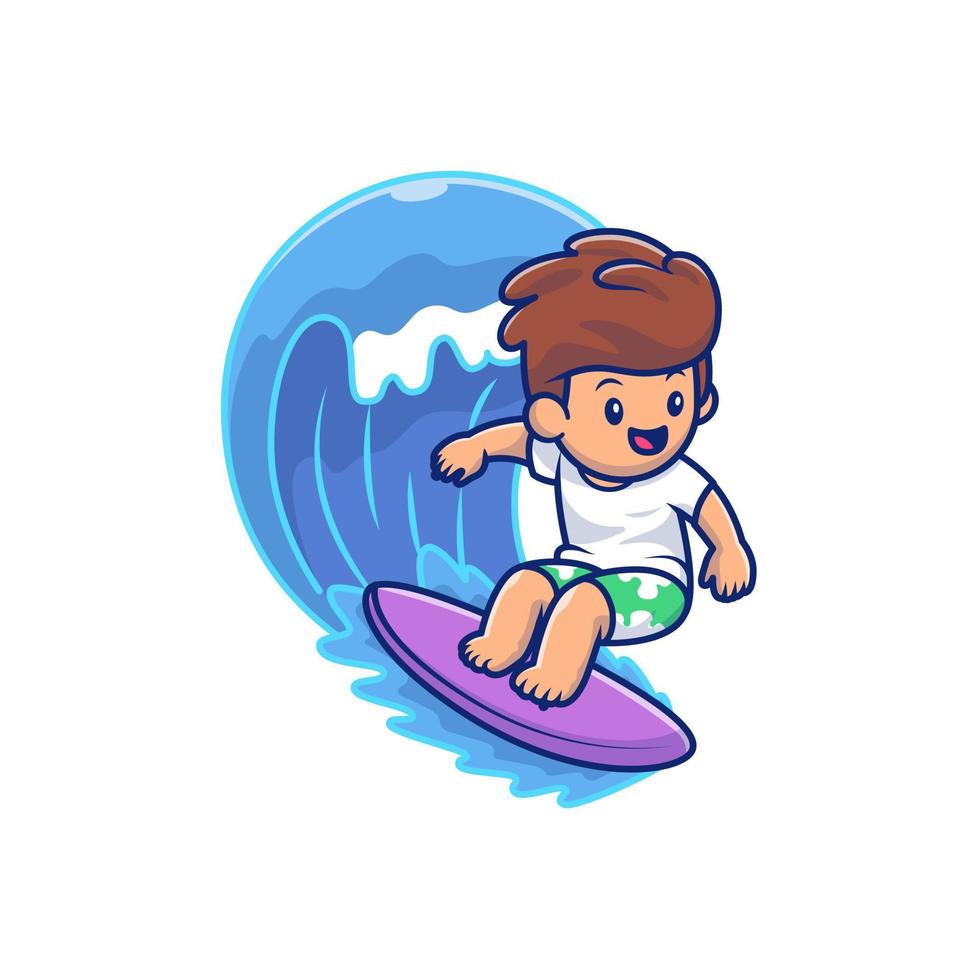 schattig jongen surfing Aan Golf tekenfilm vector icoon illustratie. mensen en sport icoon concept geïsoleerd premie vector. vlak tekenfilm stijl