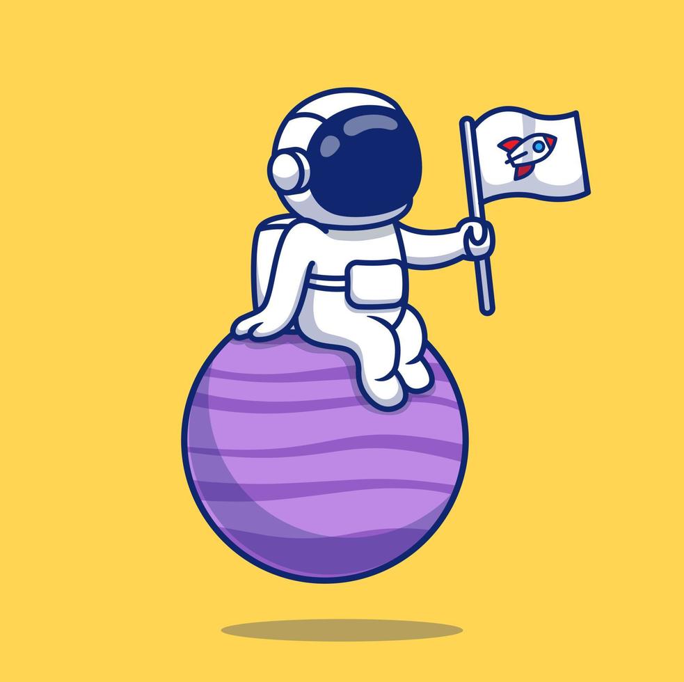 schattig astronaut zittend Aan planeet Holding vlag tekenfilm vector icoon illustratie. wetenschap technologie icoon concept geïsoleerd premie vector. vlak tekenfilm stijl