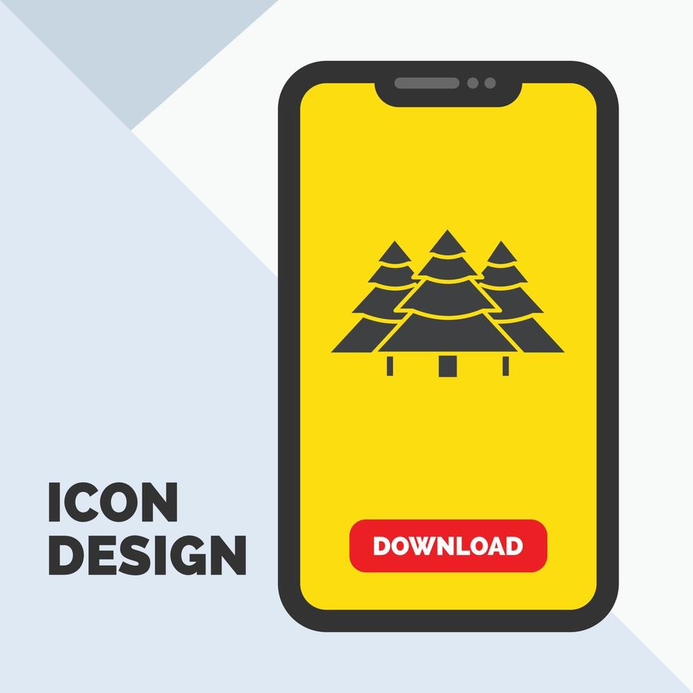 Woud. camping. oerwoud. boom. dennen glyph icoon in mobiel voor downloaden bladzijde. geel achtergrond vector