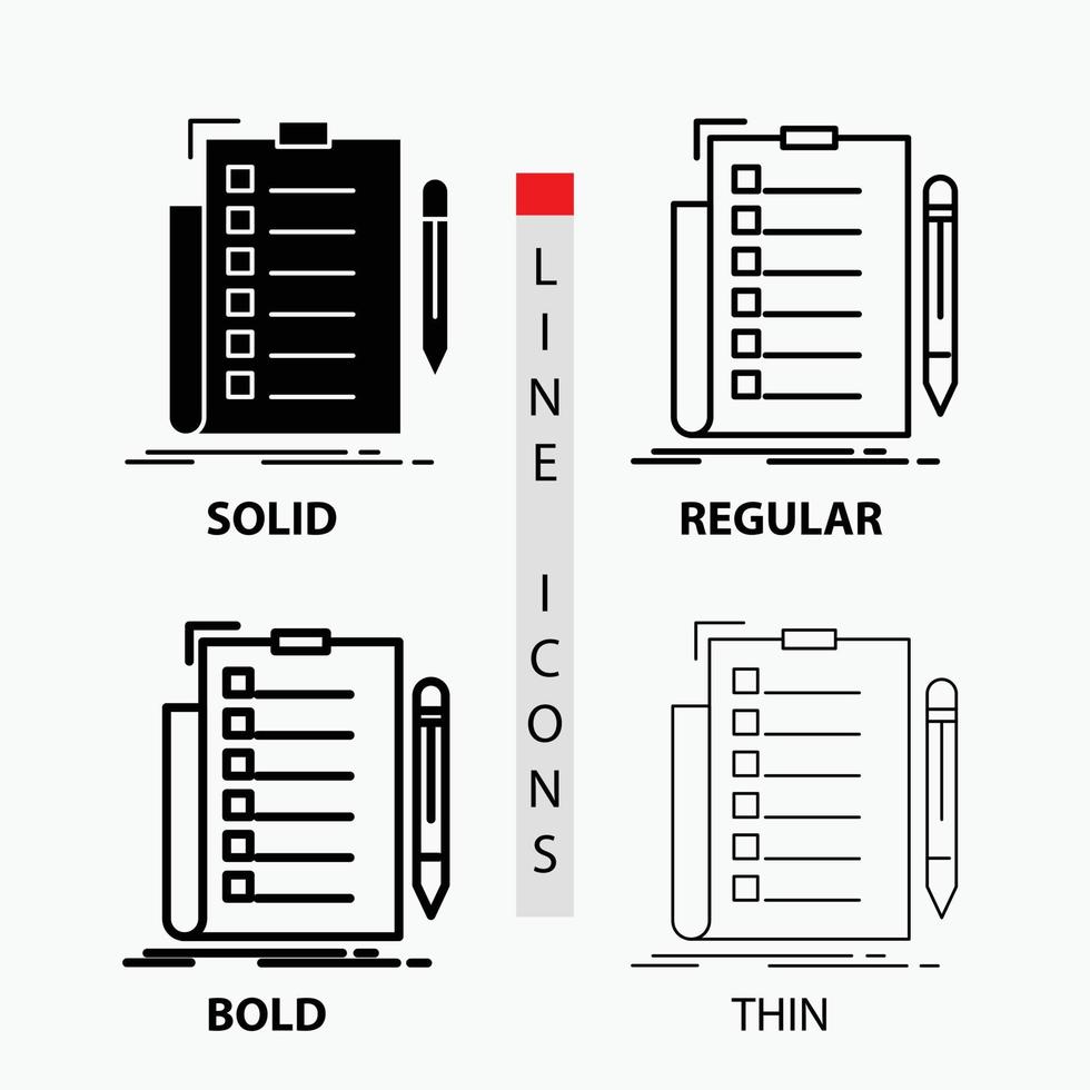 expertise. controlelijst. controleren. lijst. document icoon in dun. normaal. stoutmoedig lijn en glyph stijl. vector illustratie