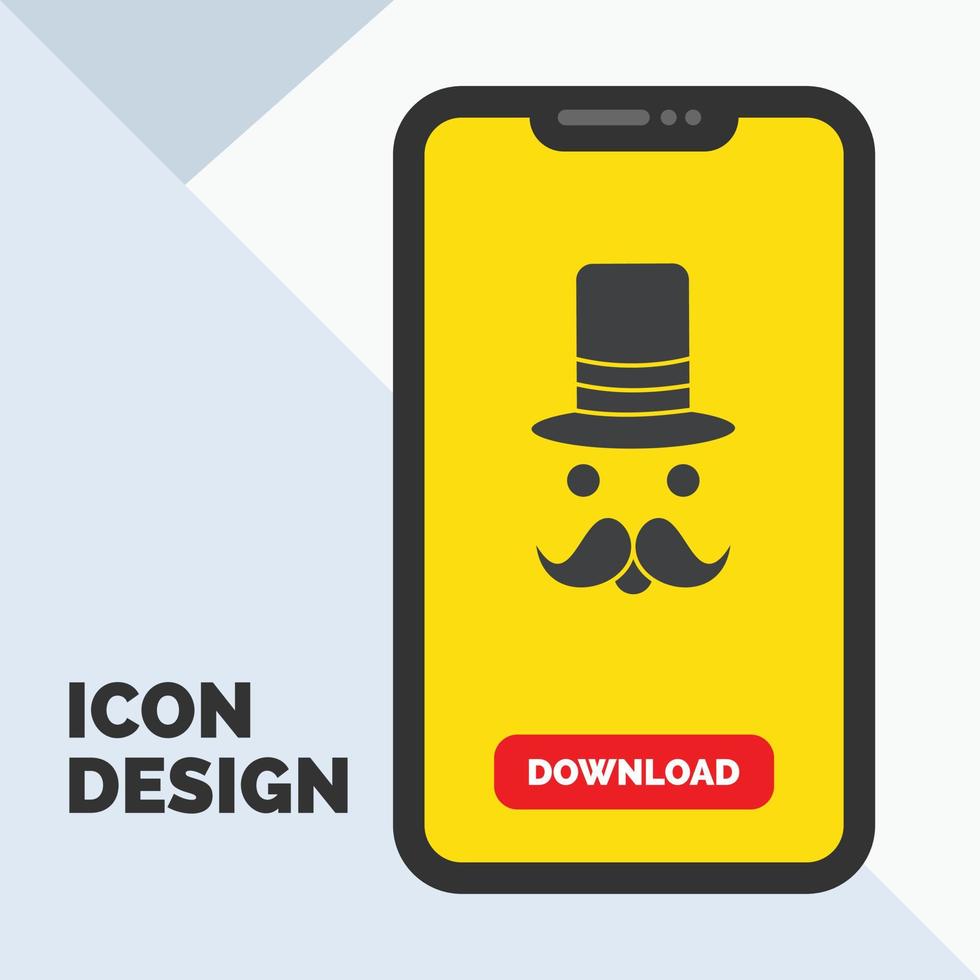 snor. hipster. verhuizer. de kerstman clausule. hoed glyph icoon in mobiel voor downloaden bladzijde. geel achtergrond vector