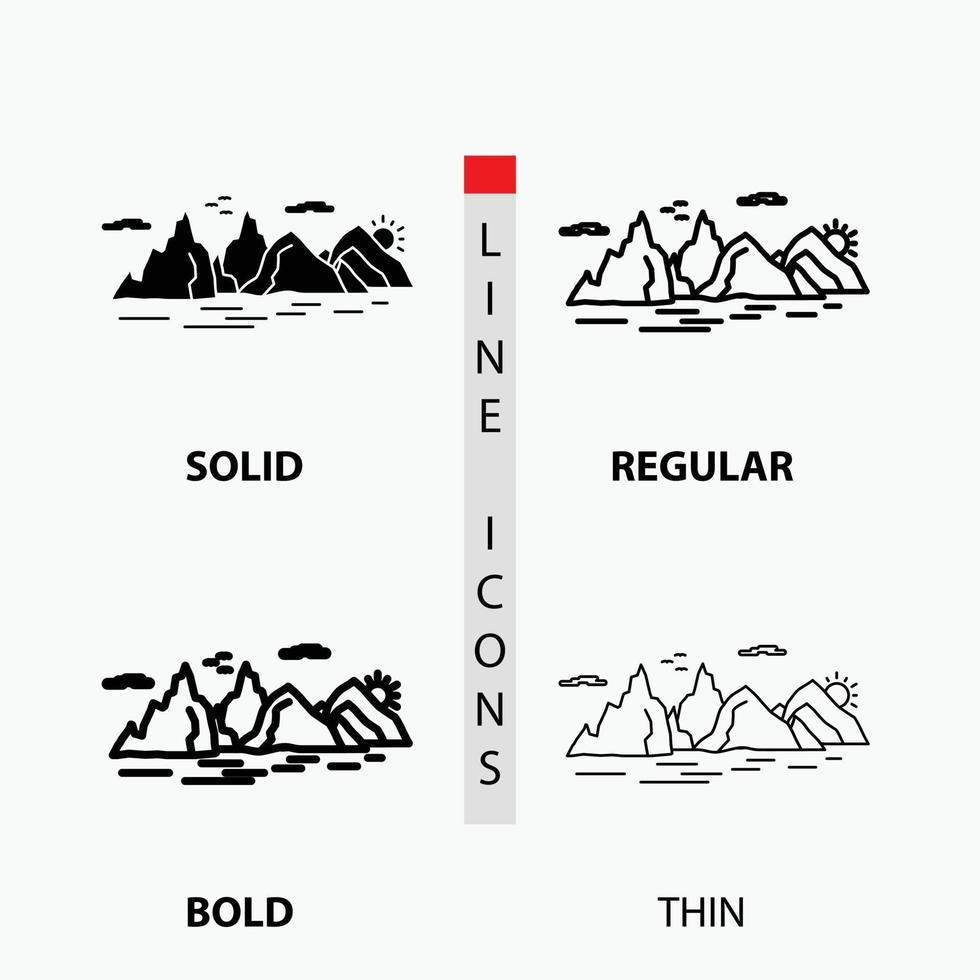 berg. heuvel. landschap. natuur. klif icoon in dun. normaal. stoutmoedig lijn en glyph stijl. vector illustratie