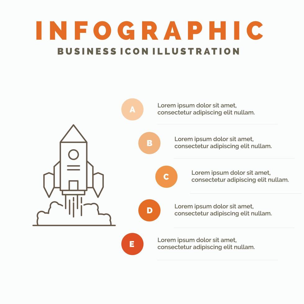 raket. ruimteschip. beginnen. launch. spel infographics sjabloon voor website en presentatie. lijn grijs icoon met oranje infographic stijl vector illustratie