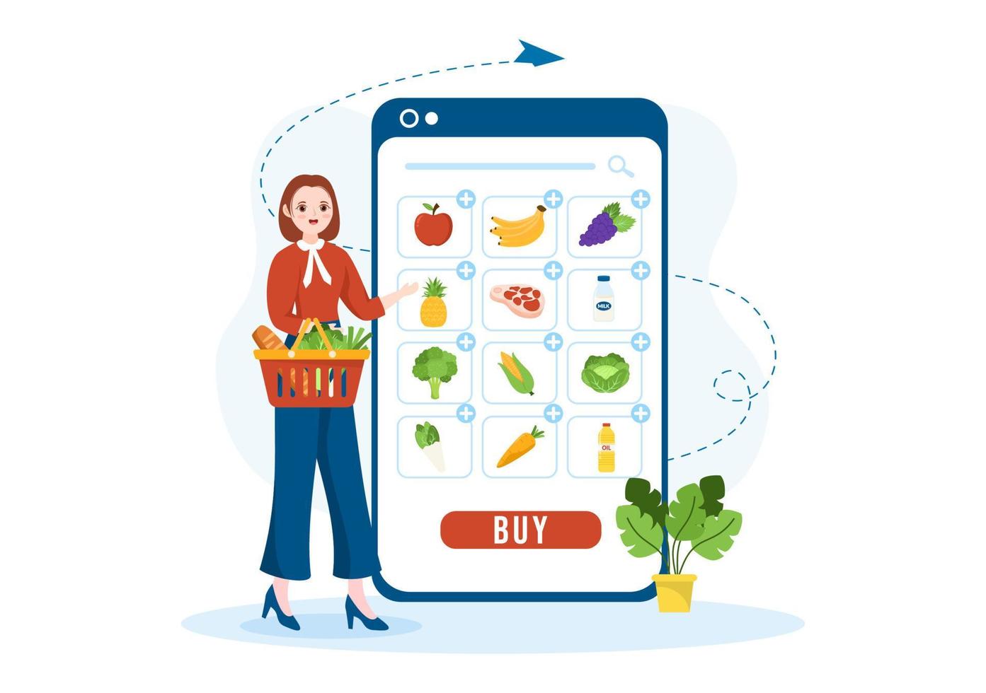 online kruidenier op te slaan of supermarkt naar bestellen dagelijks benodigdheden of voedsel via de app in vlak tekenfilm hand- getrokken Sjablonen illustratie vector