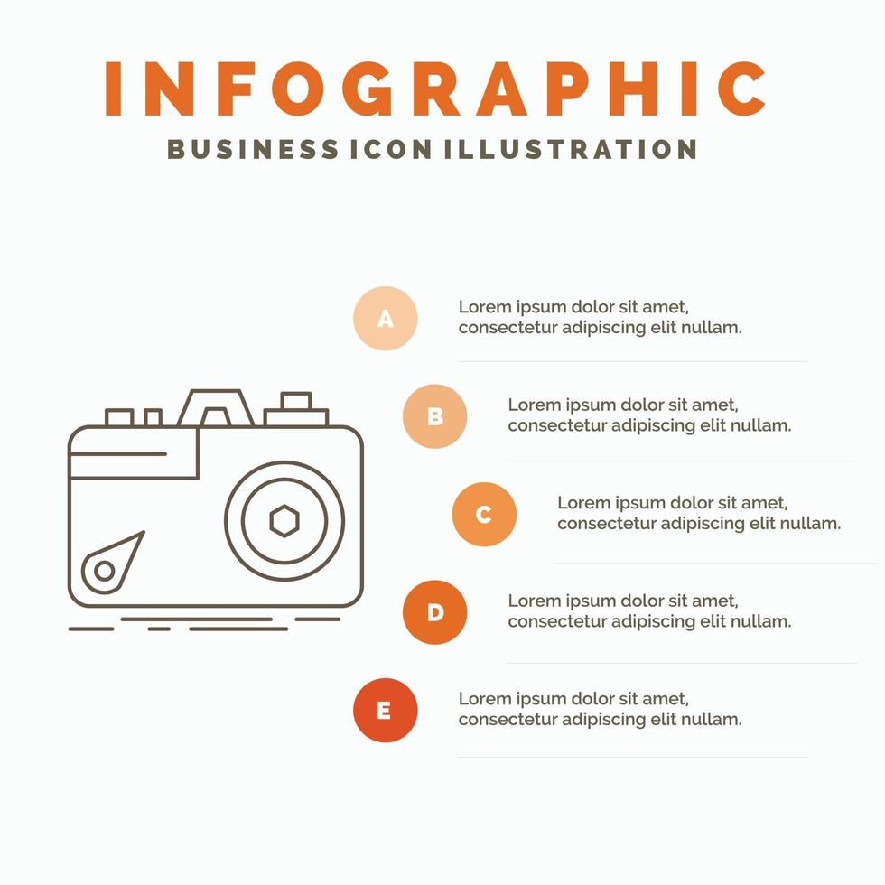 camera. fotografie. vastleggen. foto. opening infographics sjabloon voor website en presentatie. lijn grijs icoon met oranje infographic stijl vector illustratie