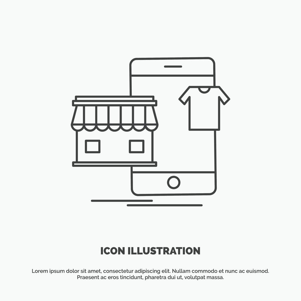 winkelen. kledingstukken. kopen. online. winkel icoon. lijn vector grijs symbool voor ui en ux. website of mobiel toepassing