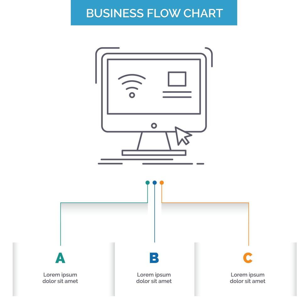 controle. computer. monitor. op afstand. slim bedrijf stromen tabel ontwerp met 3 stappen. lijn icoon voor presentatie achtergrond sjabloon plaats voor tekst vector