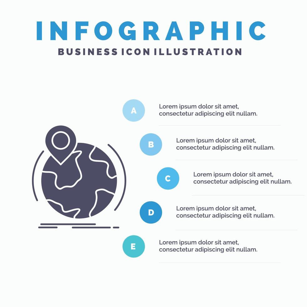 plaats. wereldbol. wereldwijd. pin. markeerstift infographics sjabloon voor website en presentatie. glyph grijs icoon met blauw infographic stijl vector illustratie.