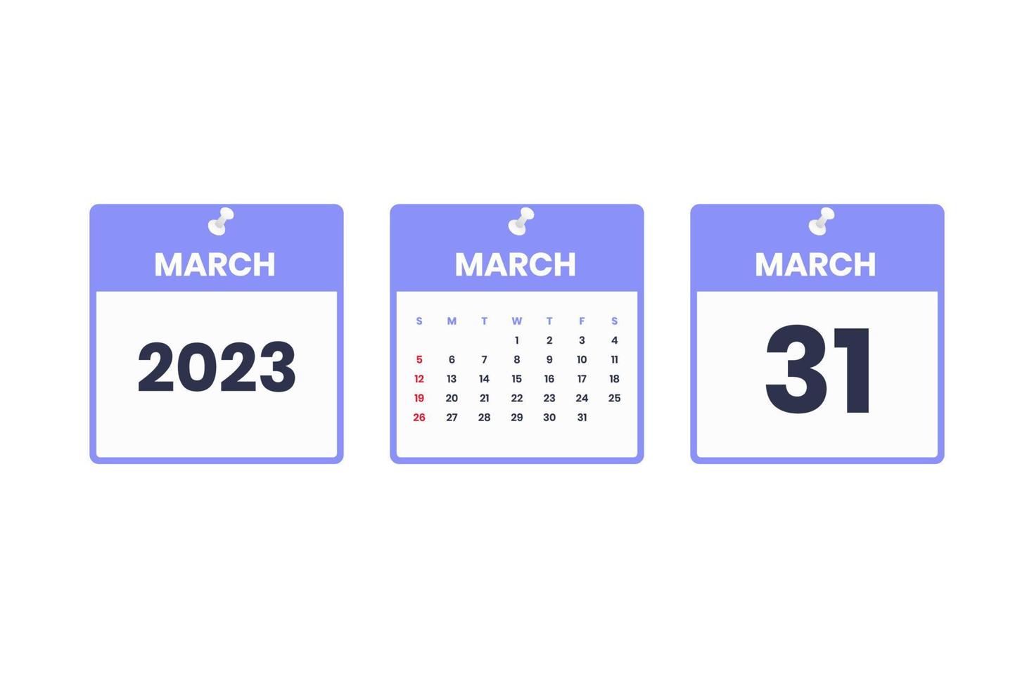maart kalender ontwerp. maart 31 2023 kalender icoon voor schema, afspraak, belangrijk datum concept vector