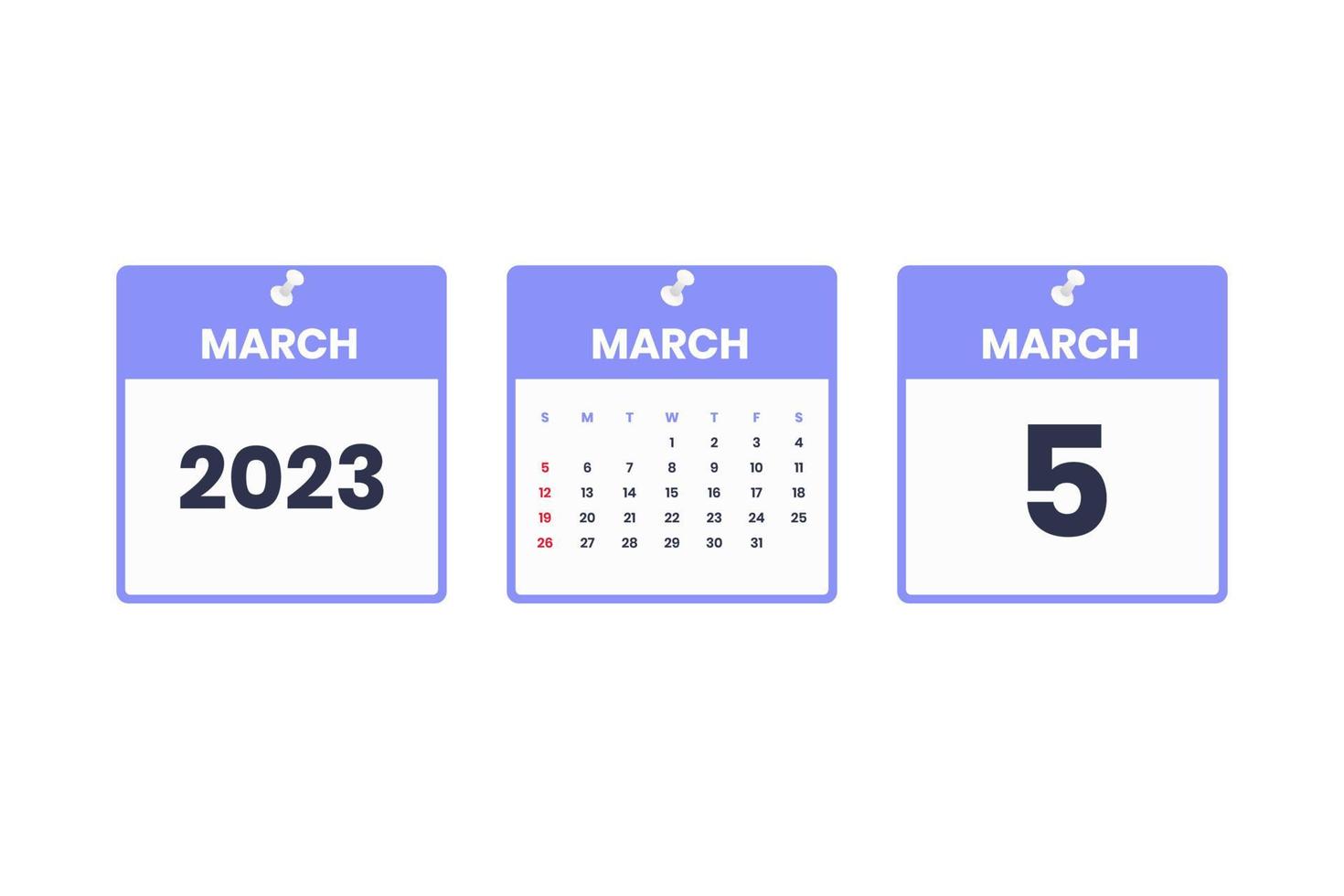 maart kalender ontwerp. maart 5 2023 kalender icoon voor schema, afspraak, belangrijk datum concept vector