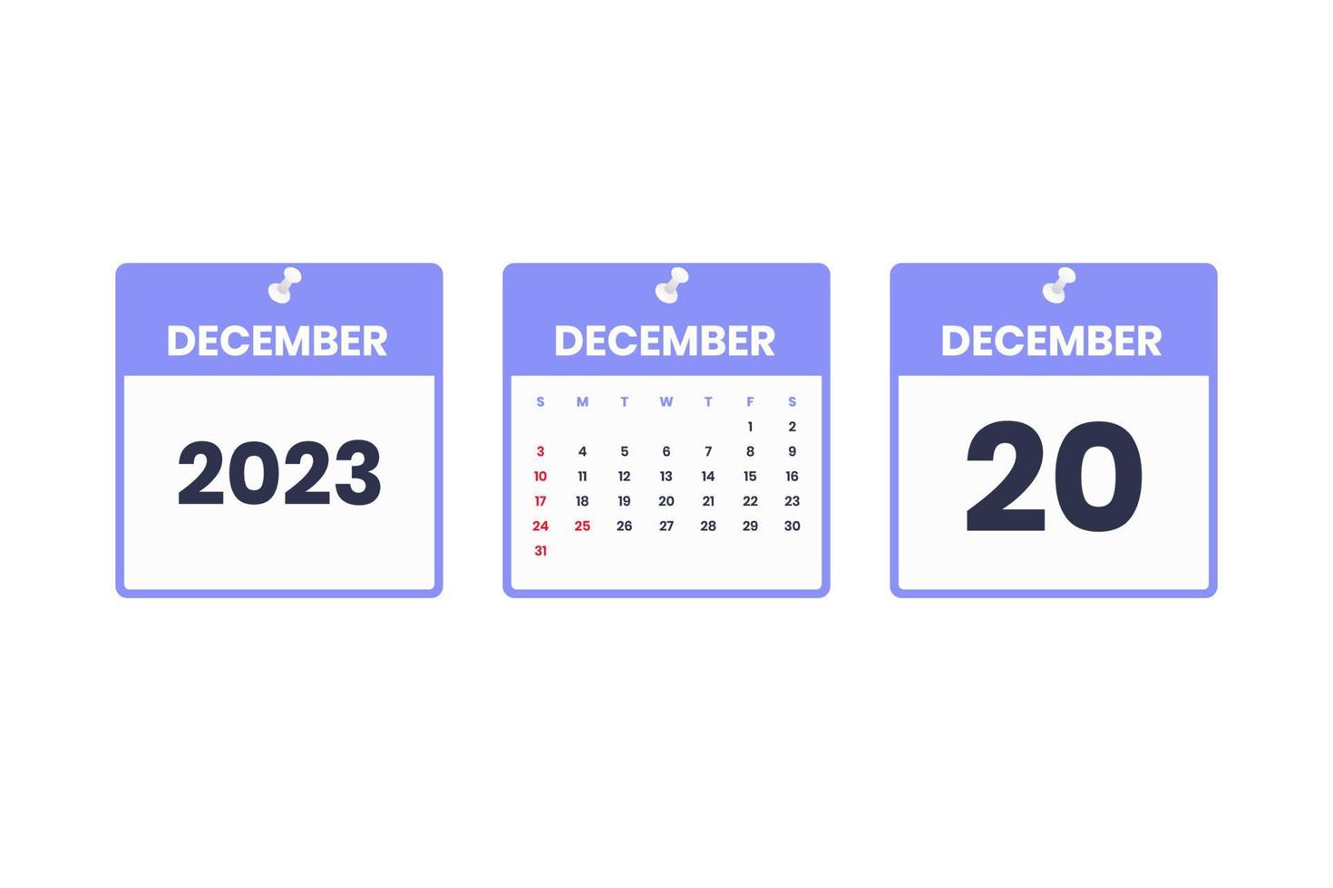 december kalender ontwerp. december 20 2023 kalender icoon voor schema, afspraak, belangrijk datum concept vector