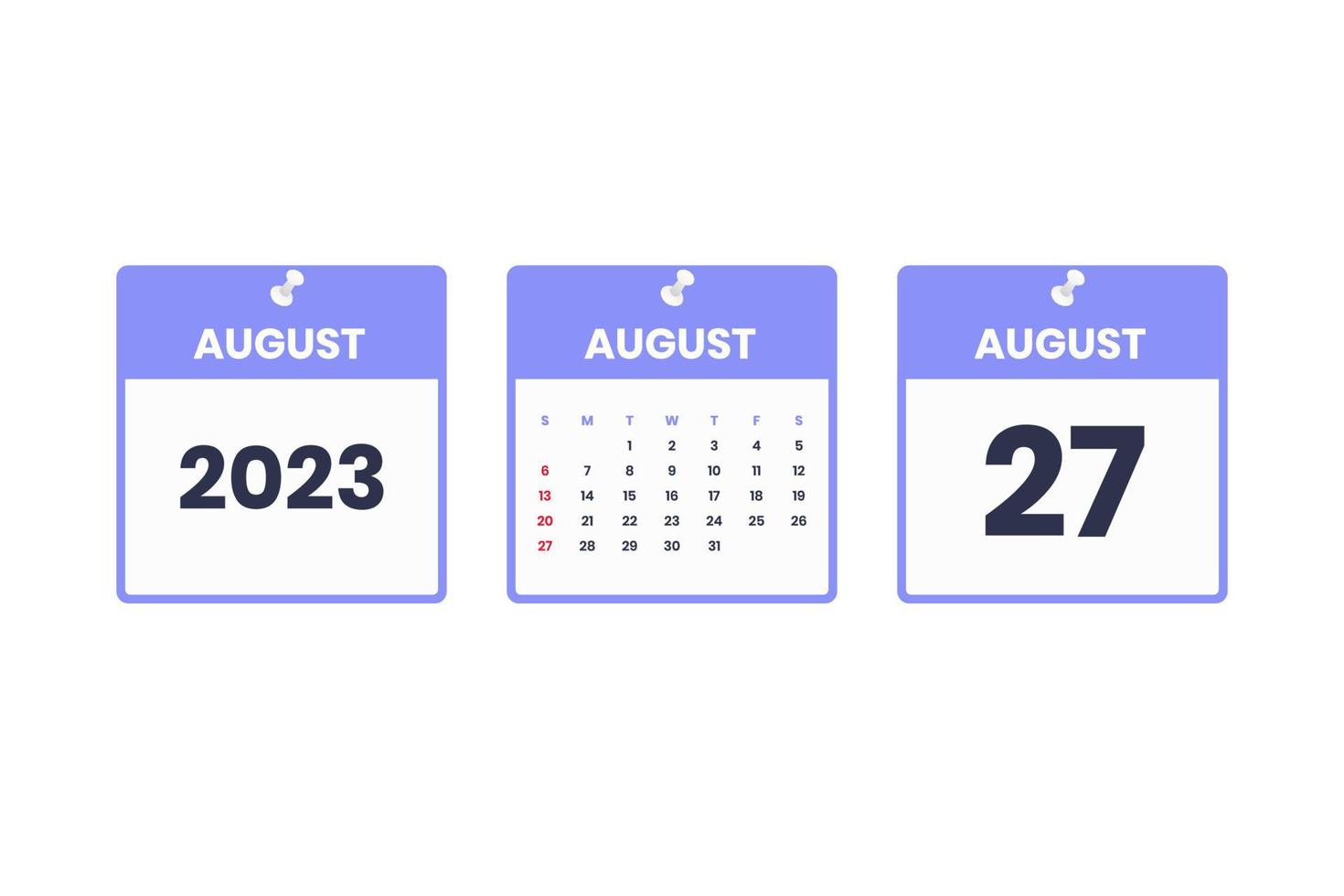 augustus kalender ontwerp. augustus 27 2023 kalender icoon voor schema, afspraak, belangrijk datum concept vector