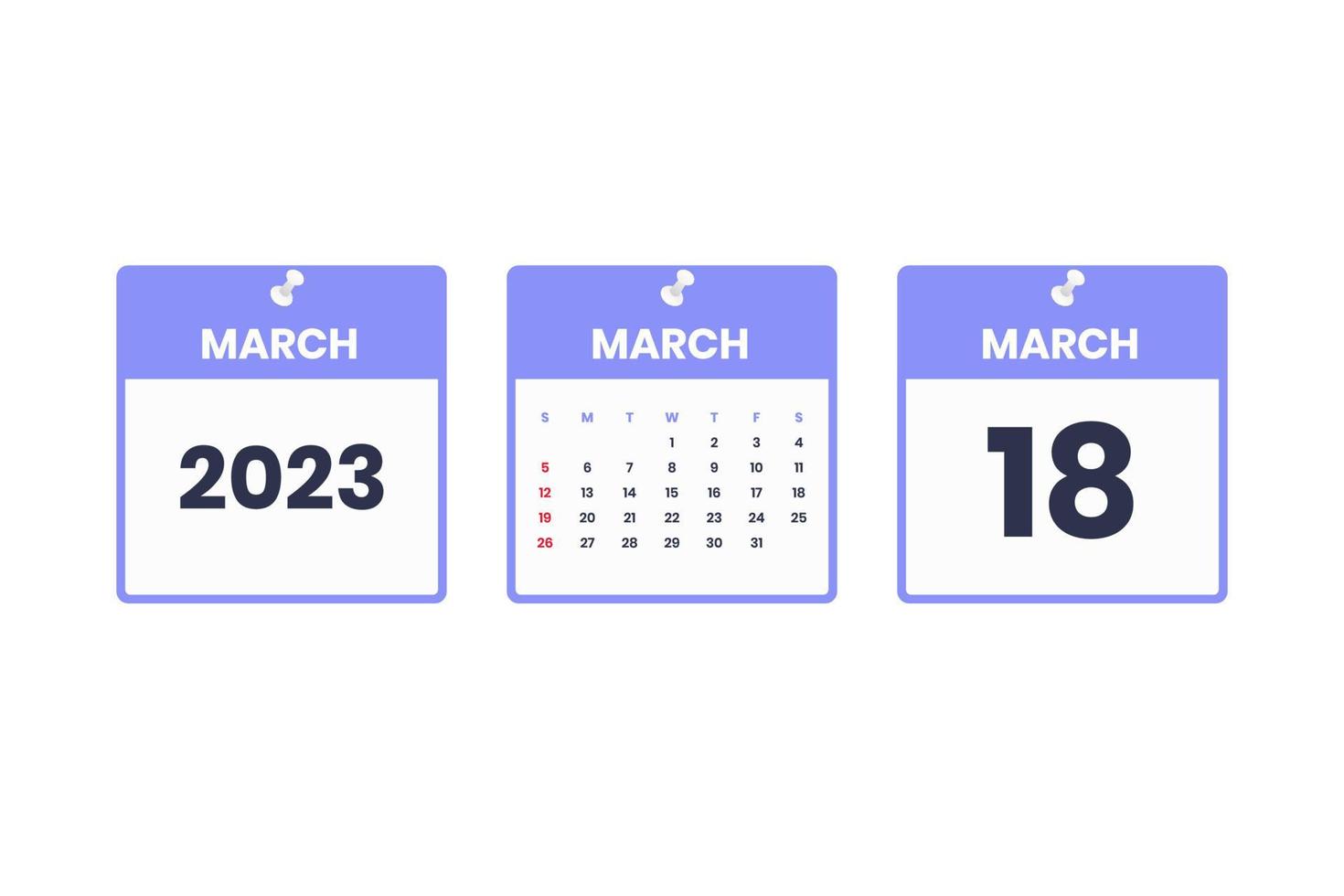 maart kalender ontwerp. maart 18 2023 kalender icoon voor schema, afspraak, belangrijk datum concept vector