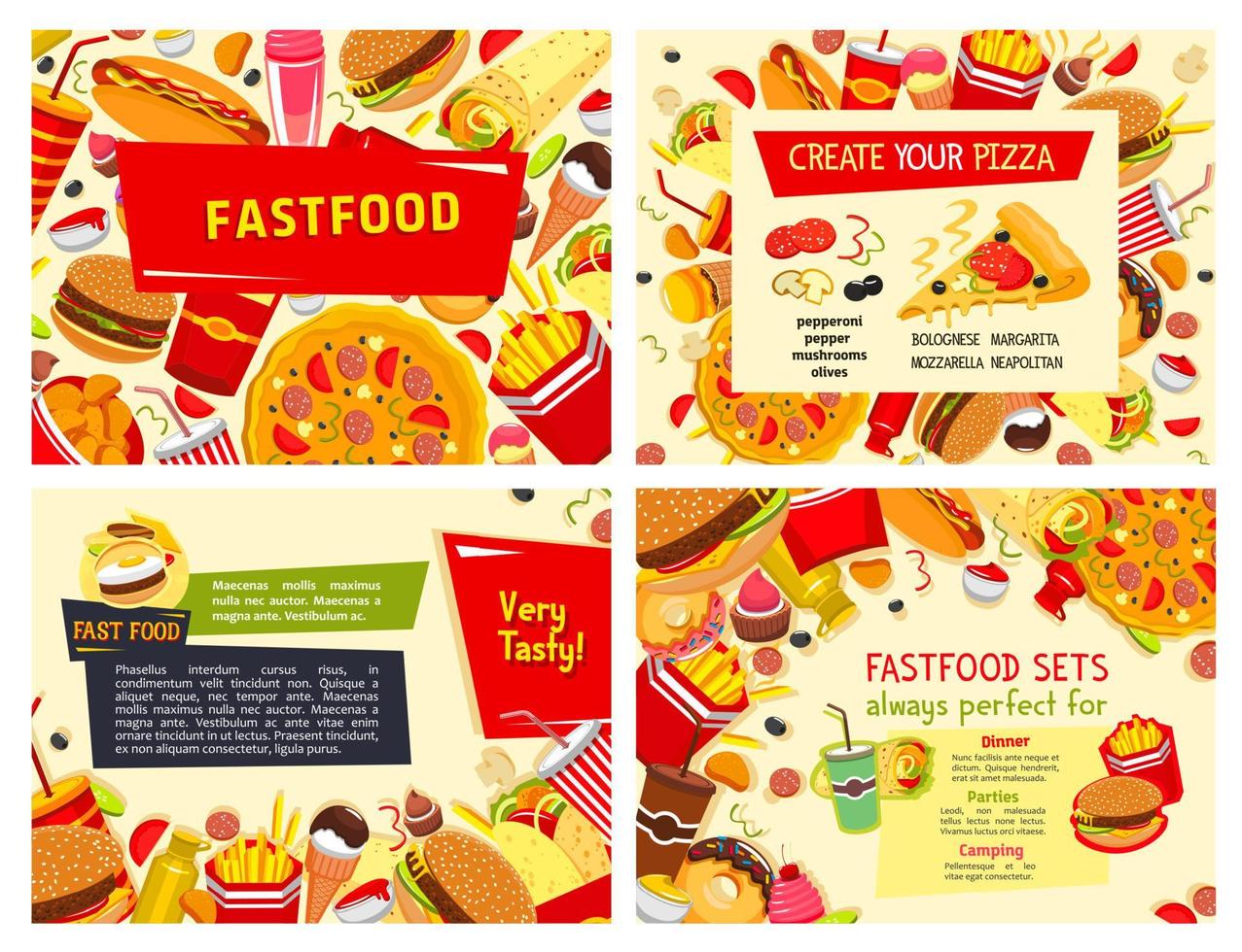 snel voedsel restaurant maaltijden vector posters reeks