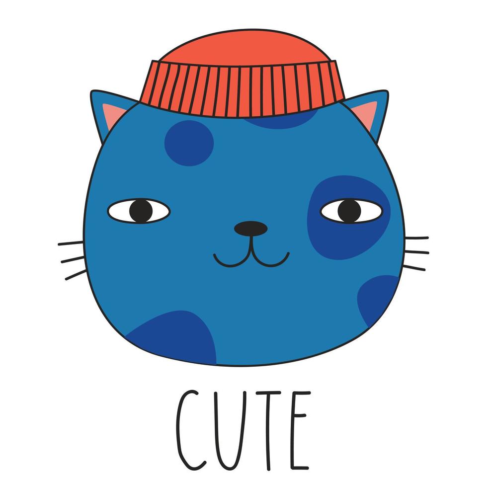 schattig kat in een rood winter hoed en belettering schattig. tekening stijl. vector illustratie