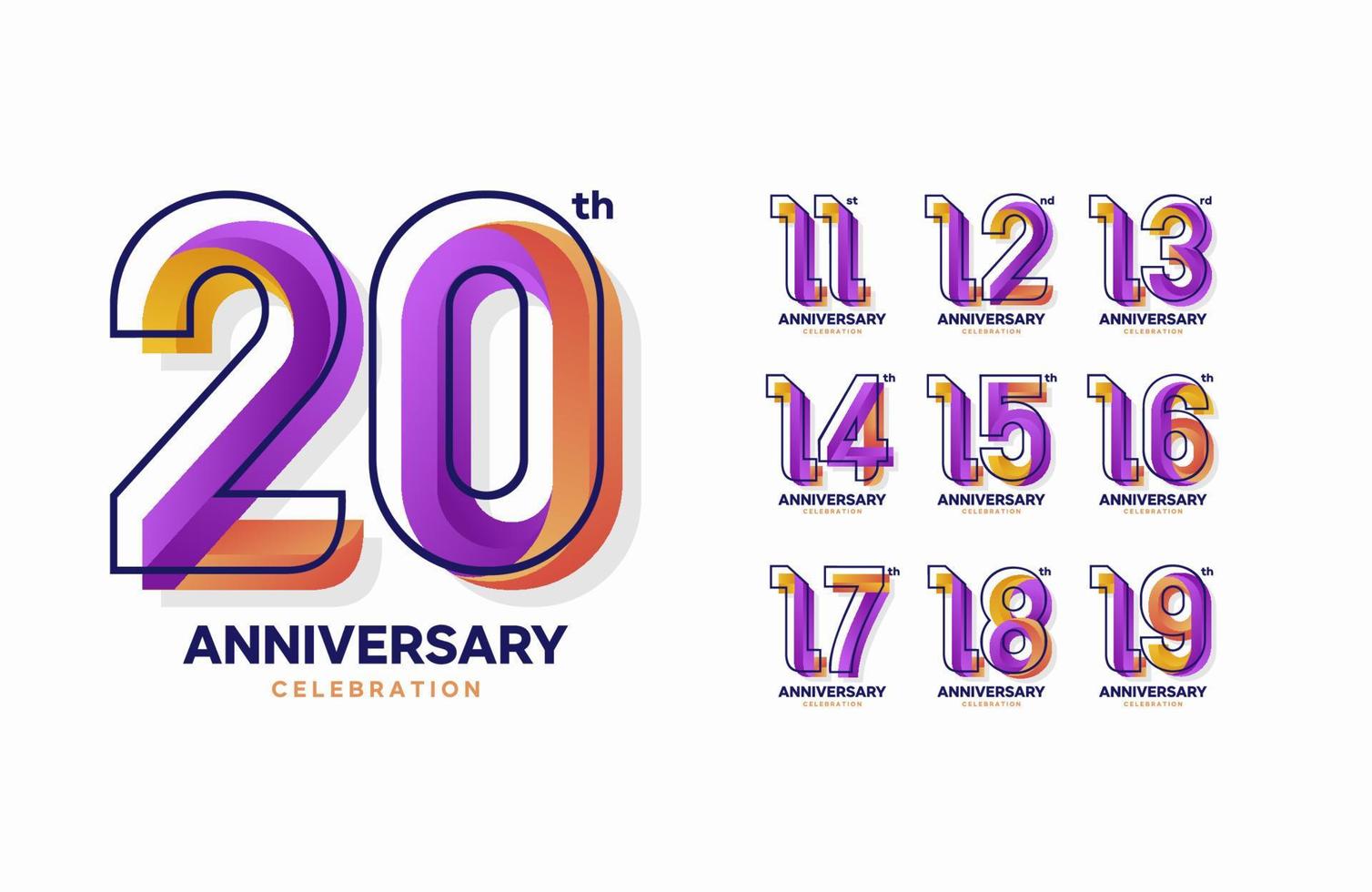 reeks van kleurrijk verjaardag logo. 11, 12, 13, 14, 15, 16, 17, 18, 19, 20 vector