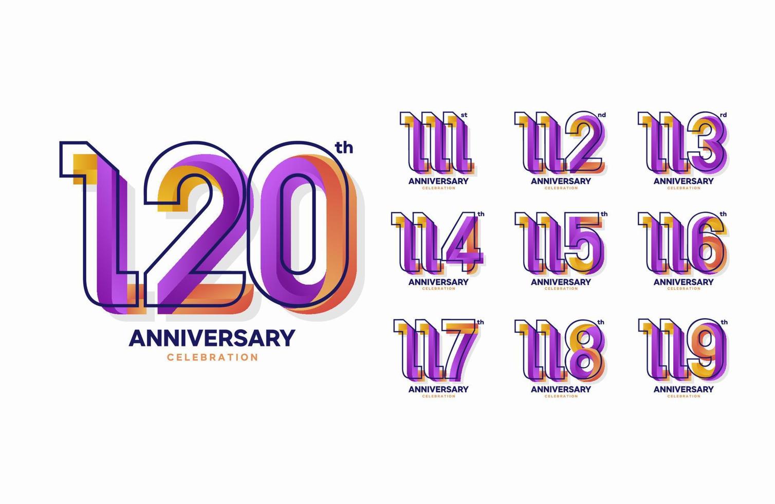 reeks van kleurrijk verjaardag logo. 111, 112, 113, 114, 115, 116, 117, 118, 119, 120 vector