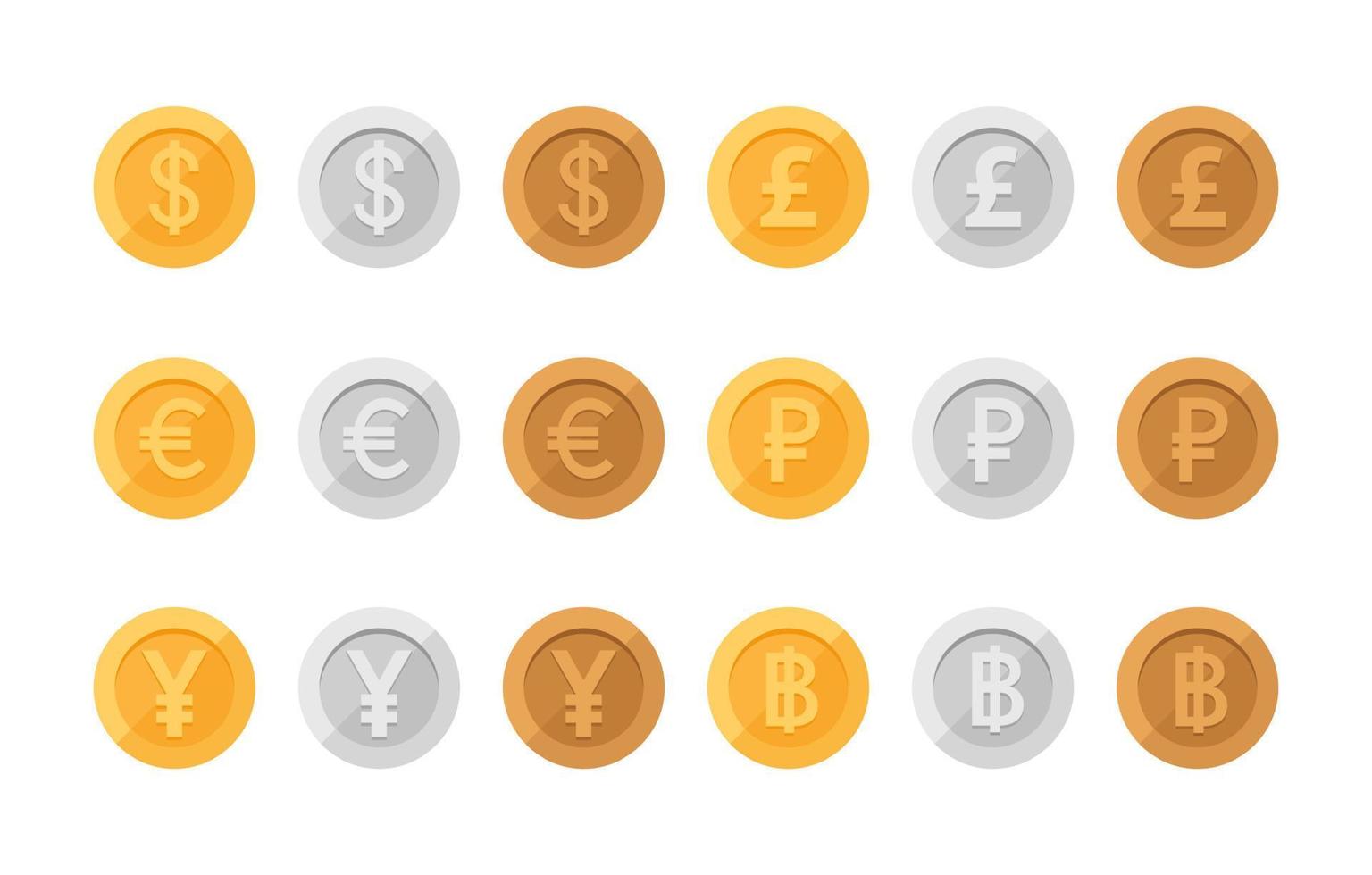 reeks van pictogrammen munten Aan de geïsoleerd wit achtergrond,euro, pond sterling, bank aantekeningen dollar, roebel vector