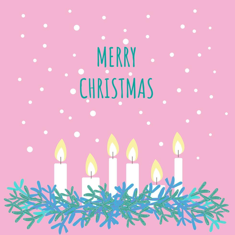 Kerstmis groet kaart. Kerstmis kaarsen en Spar decoraties. zijn sneeuwen. vrolijk Kerstmis belettering, vector illustratie.