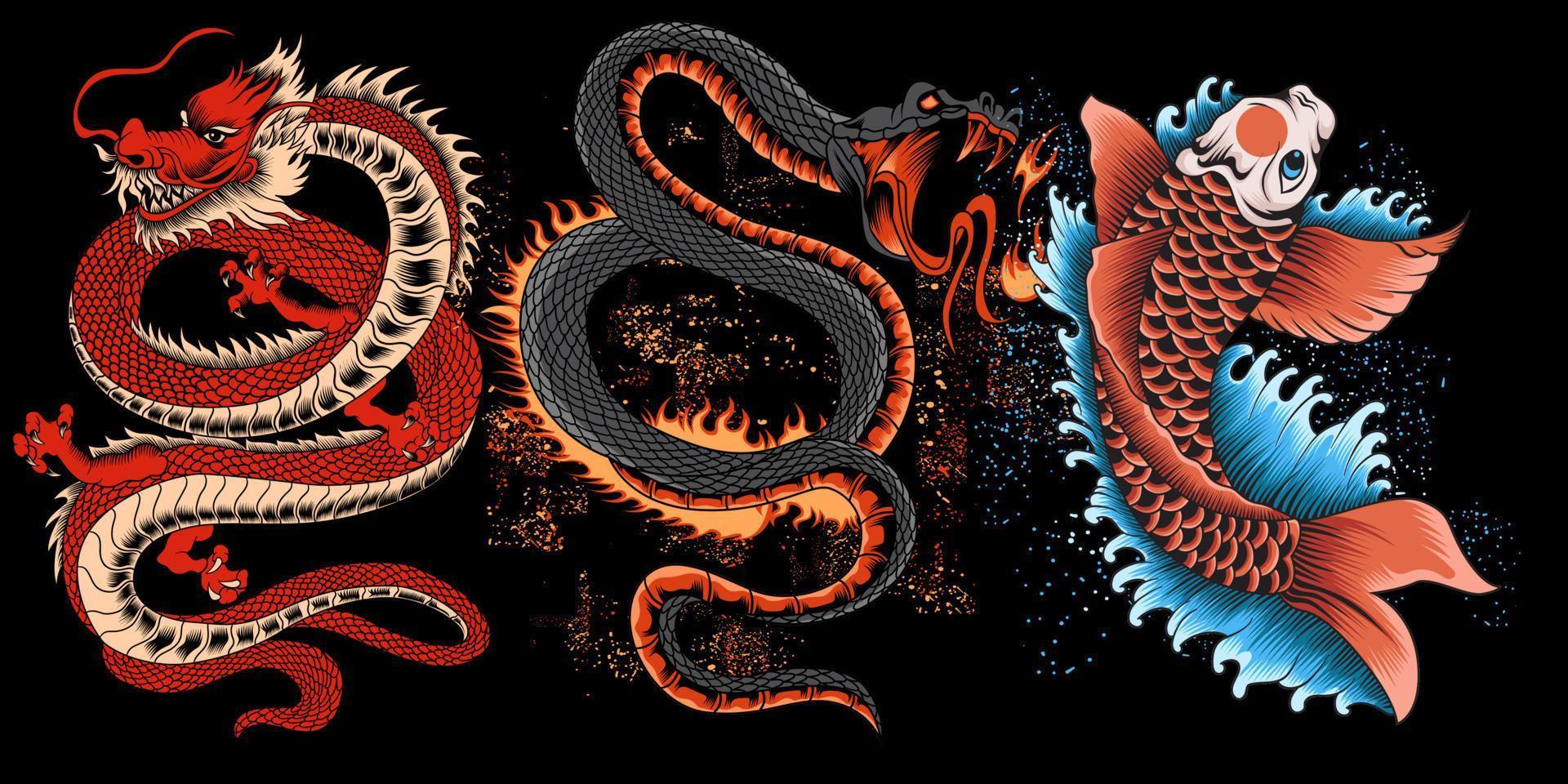 verzameling van draak, slang vuur, en koi vis illustratie vector