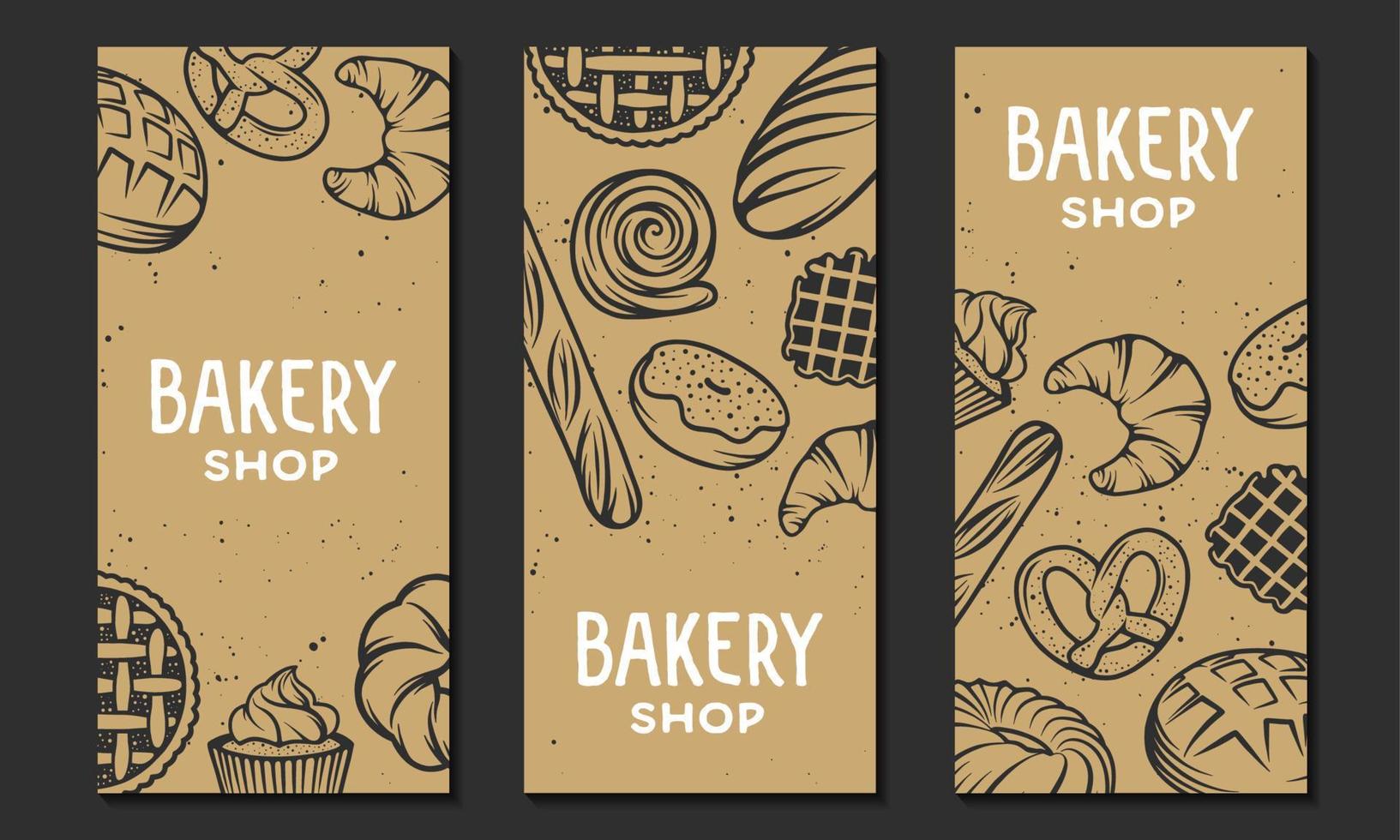 reeks van vector bakkerij gegraveerde elementen. typografie ontwerp met brood, gebakje, taart, broodjes, snoepgoed, koekje. verzameling van modern lineair grafisch ontwerp verticaal banier sjabloon. bakkerij winkel.