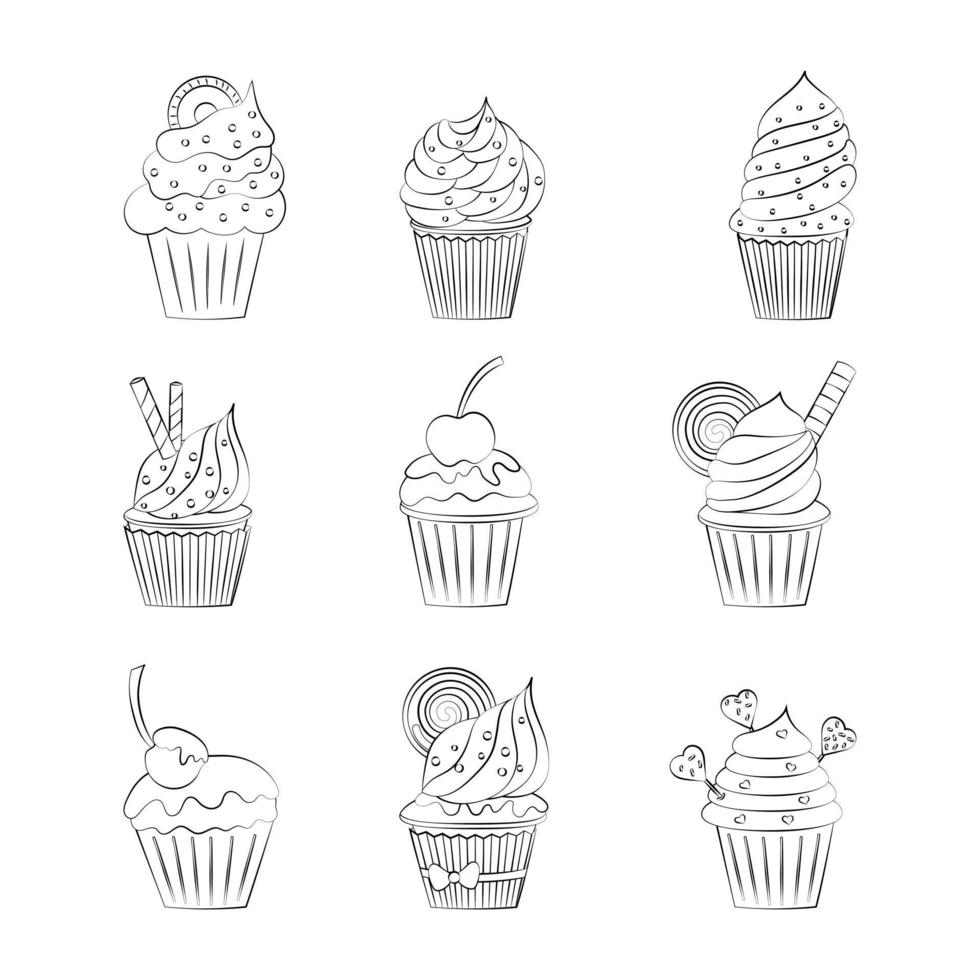 een reeks van cupcakes met een dun lijn. vector