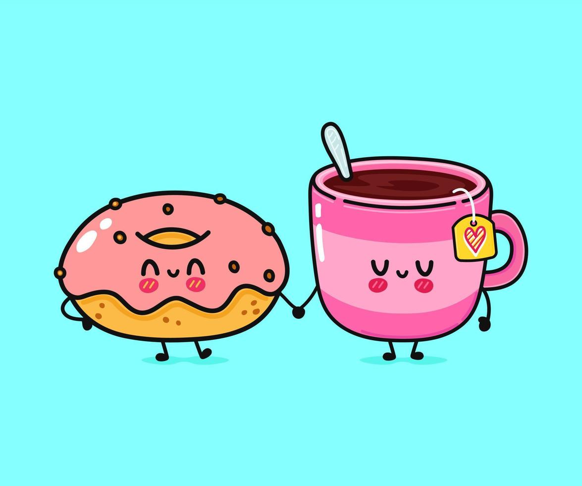 schattig, grappig gelukkig kop van koffie en roze donut karakter. vector hand- getrokken tekenfilm kawaii karakters, illustratie icoon. grappig tekenfilm kop van thee en roze donut vrienden concept