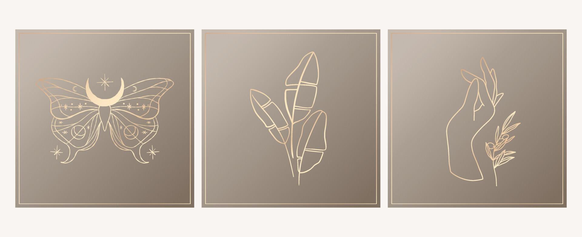 elegant Boheems emblemen lijn kunst esoterisch symbolen met vrouw figuur en bloemen voor magie logo en kunstmatig verpakking vector