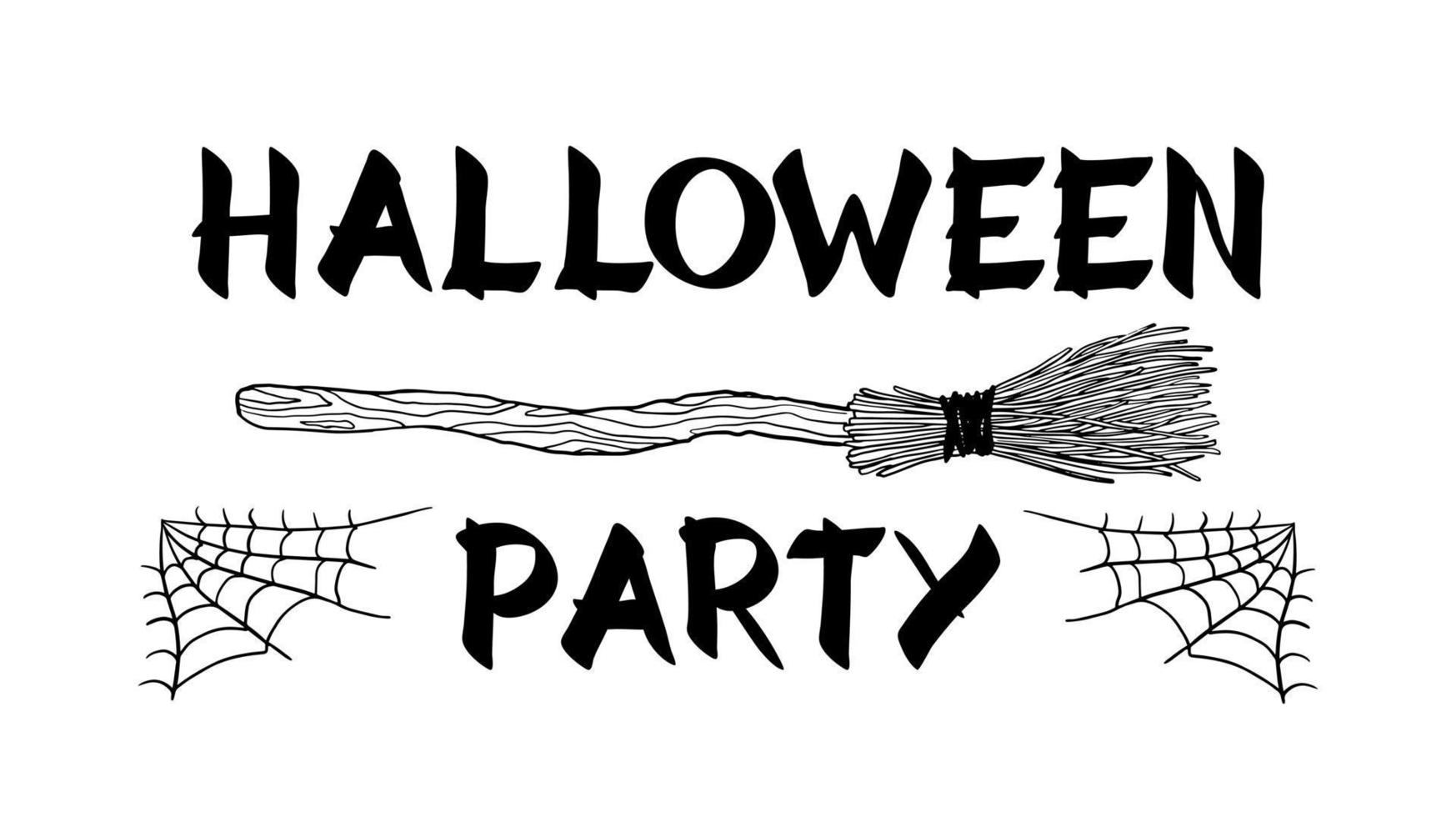 halloween partij uitnodiging, hand- getrokken belettering. vector illustratie van heks magisch bezem en spin web. schetsen stijl. geïsoleerd vector illustratie