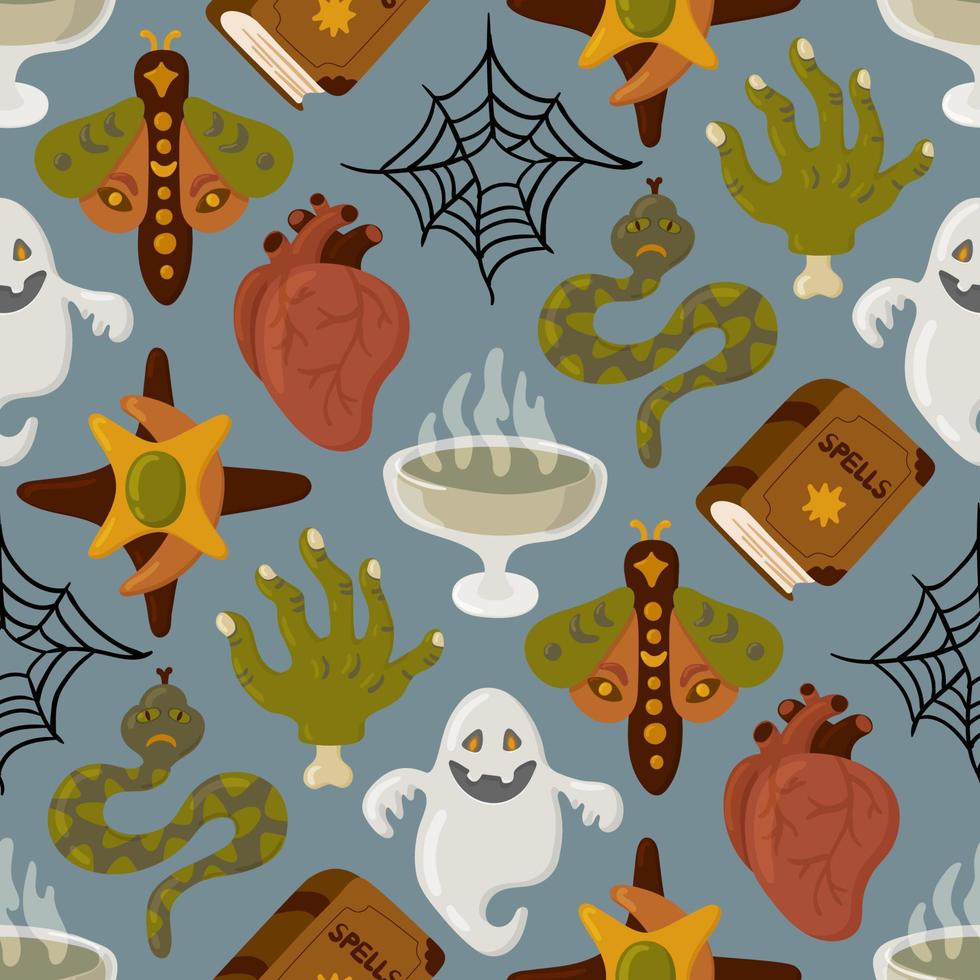 halloween vector tekenfilm naadloos patroon met pompoen lantaarn, geest, schedel, spin, en andere eng of feestelijk elementen . mystiek achtergrond voor behang, inpakken, inpakken, en achtergrond.