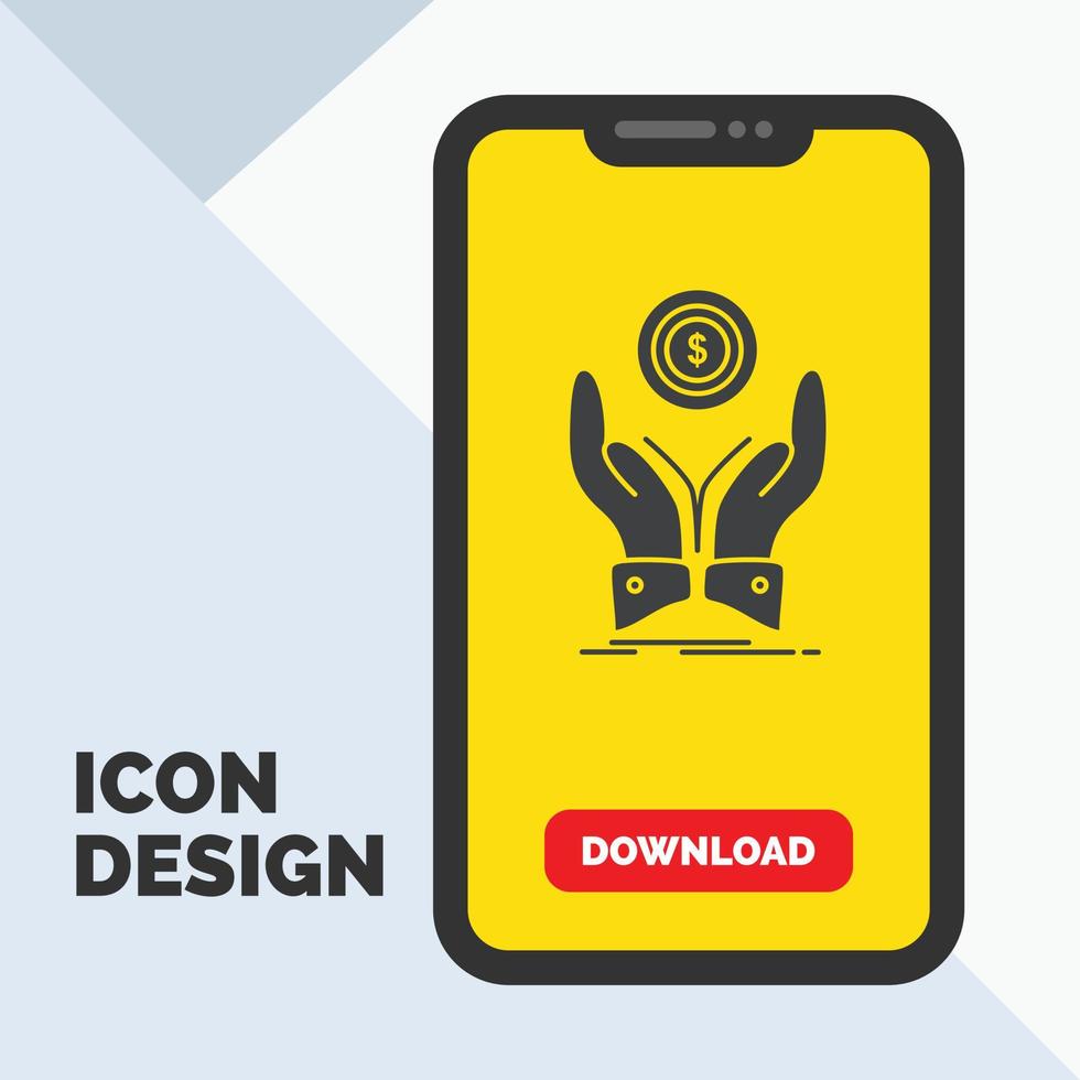 munt. hand. stapel. dollar. inkomen glyph icoon in mobiel voor downloaden bladzijde. geel achtergrond vector