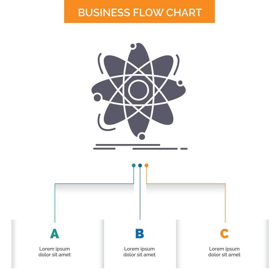 atoom. wetenschap. chemie. natuurkunde. nucleair bedrijf stromen tabel ontwerp met 3 stappen. glyph icoon voor presentatie achtergrond sjabloon plaats voor tekst. vector