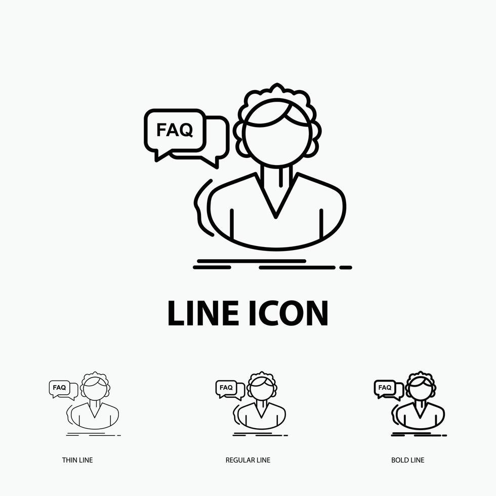 FAQ. bijstand. telefoongesprek. overleg. helpen icoon in dun. regelmatig en stoutmoedig lijn stijl. vector illustratie
