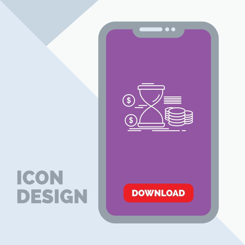 zandloper. beheer. geld. tijd. munten lijn icoon in mobiel voor downloaden bladzijde vector