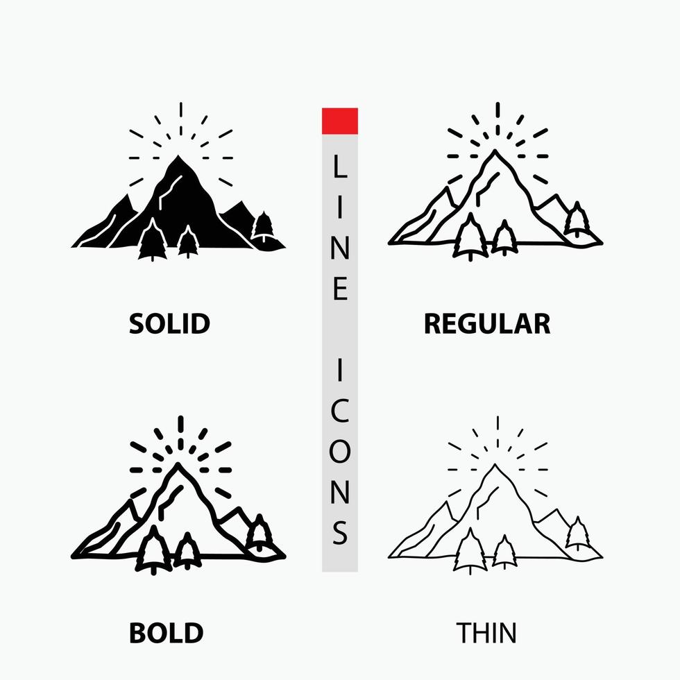 heuvel. landschap. natuur. berg. vuurwerk icoon in dun. normaal. stoutmoedig lijn en glyph stijl. vector illustratie