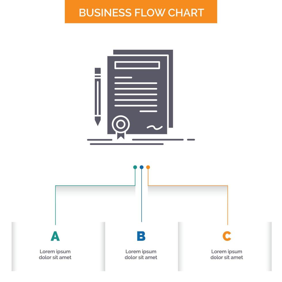 bedrijf. certificaat. contract. rang. document bedrijf stromen tabel ontwerp met 3 stappen. glyph icoon voor presentatie achtergrond sjabloon plaats voor tekst. vector