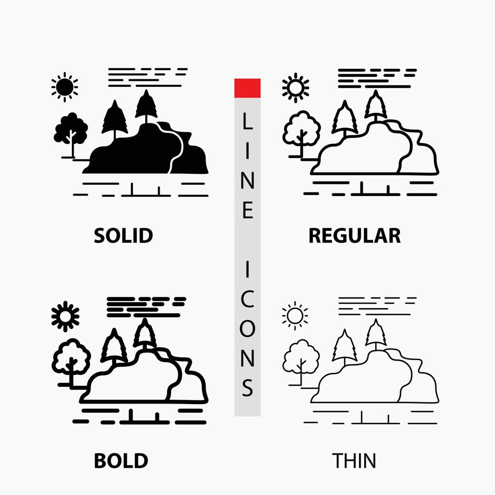 heuvel. landschap. natuur. berg. regen icoon in dun. normaal. stoutmoedig lijn en glyph stijl. vector illustratie