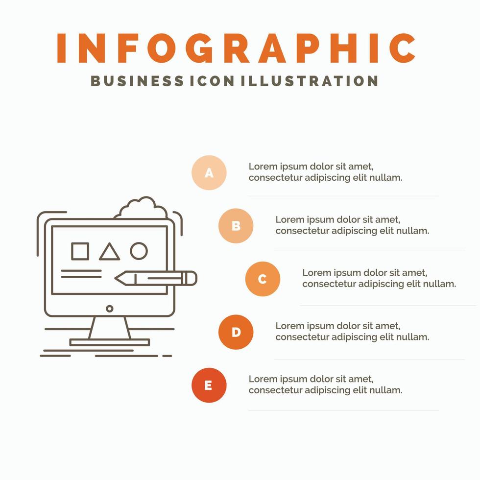kunst. computer. ontwerp. digitaal. studio infographics sjabloon voor website en presentatie. lijn grijs icoon met oranje infographic stijl vector illustratie