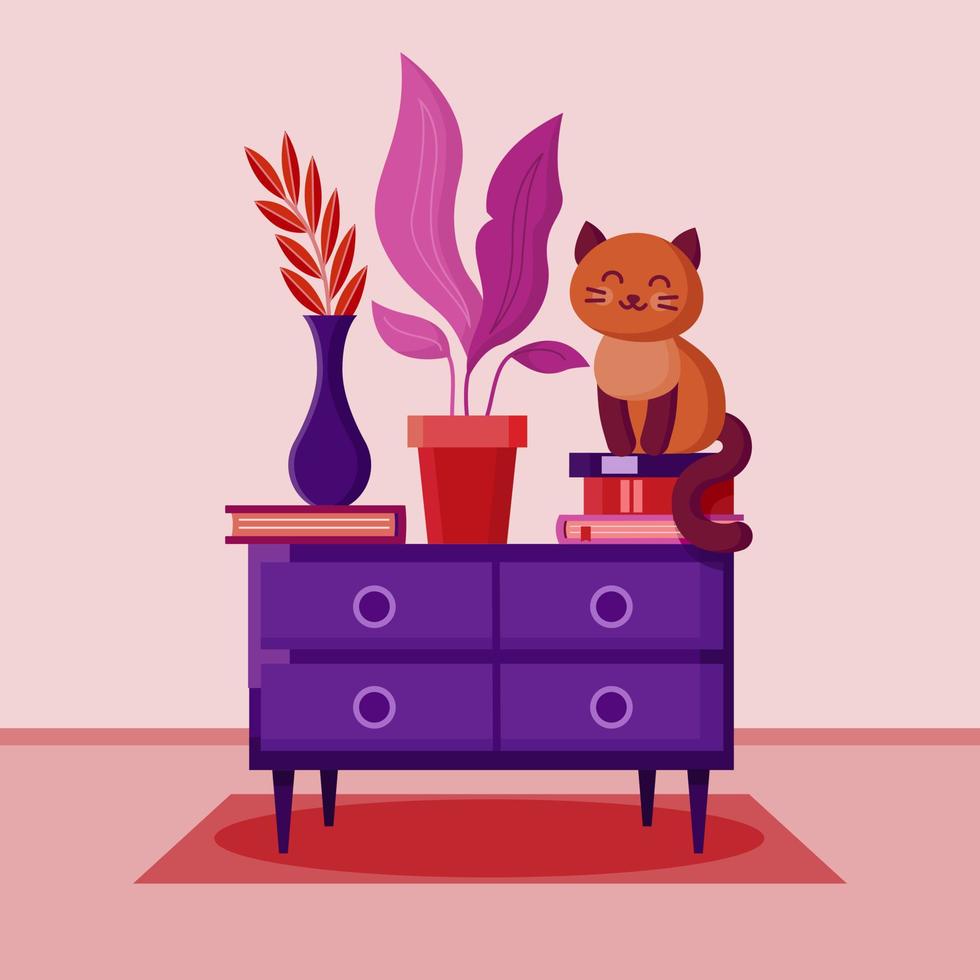 schattig bruin kat zit Aan een borst onder een lamp. leven kamer interieur met dier. vector illustratie van een kamer zonder mensen.